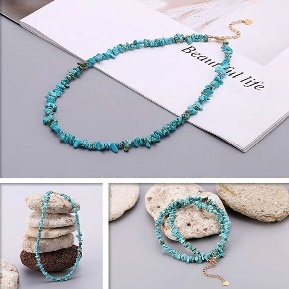 Retro Geometric Turquoise Collar Necklace Blue Stone Choker - Picture 2 of 8